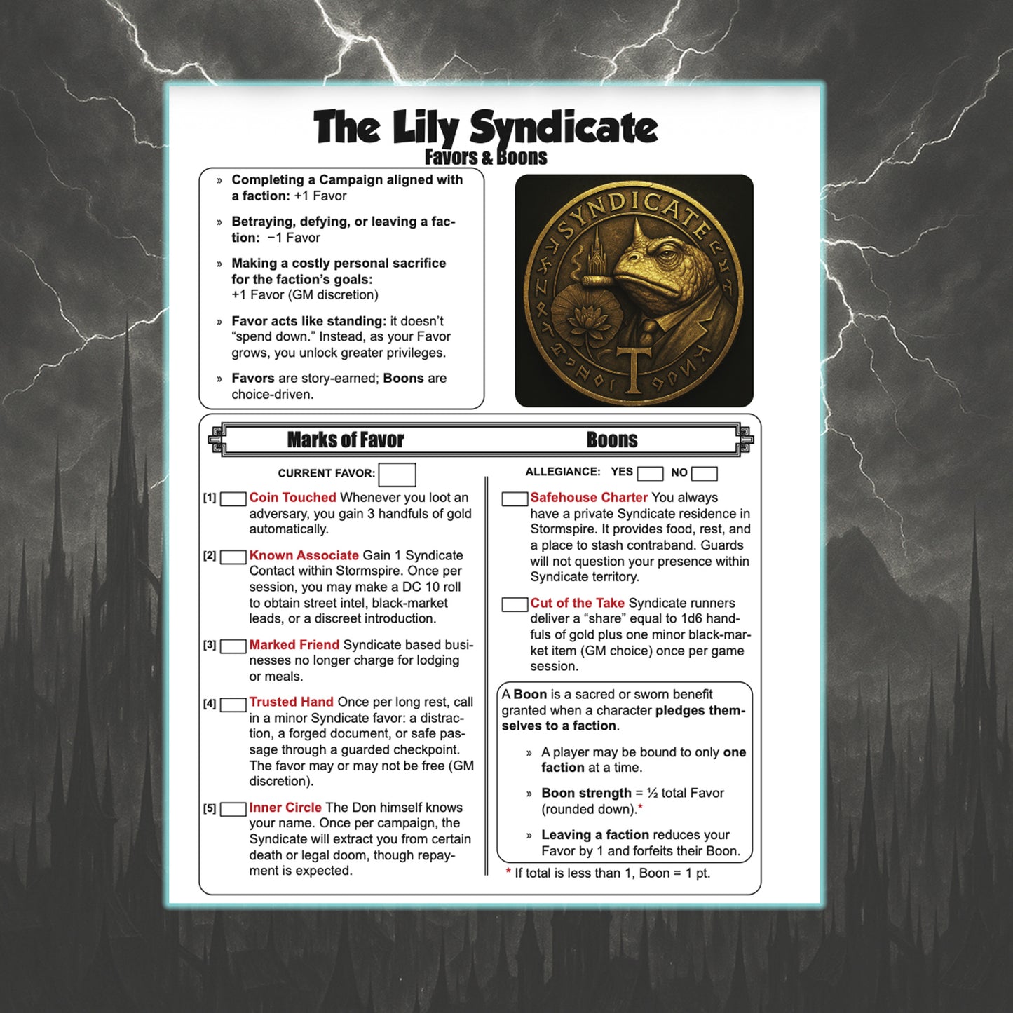 Stormspire: Faces of the Goddess – Favors & Boons Worksheet preview for the Lily Syndicate Faction