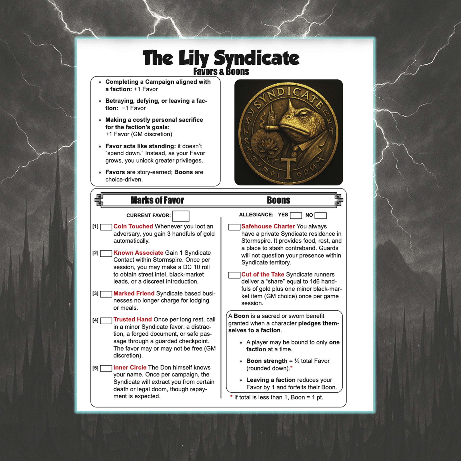 Stormspire: Faces of the Goddess – Favors & Boons Worksheet preview for the Lily Syndicate Faction