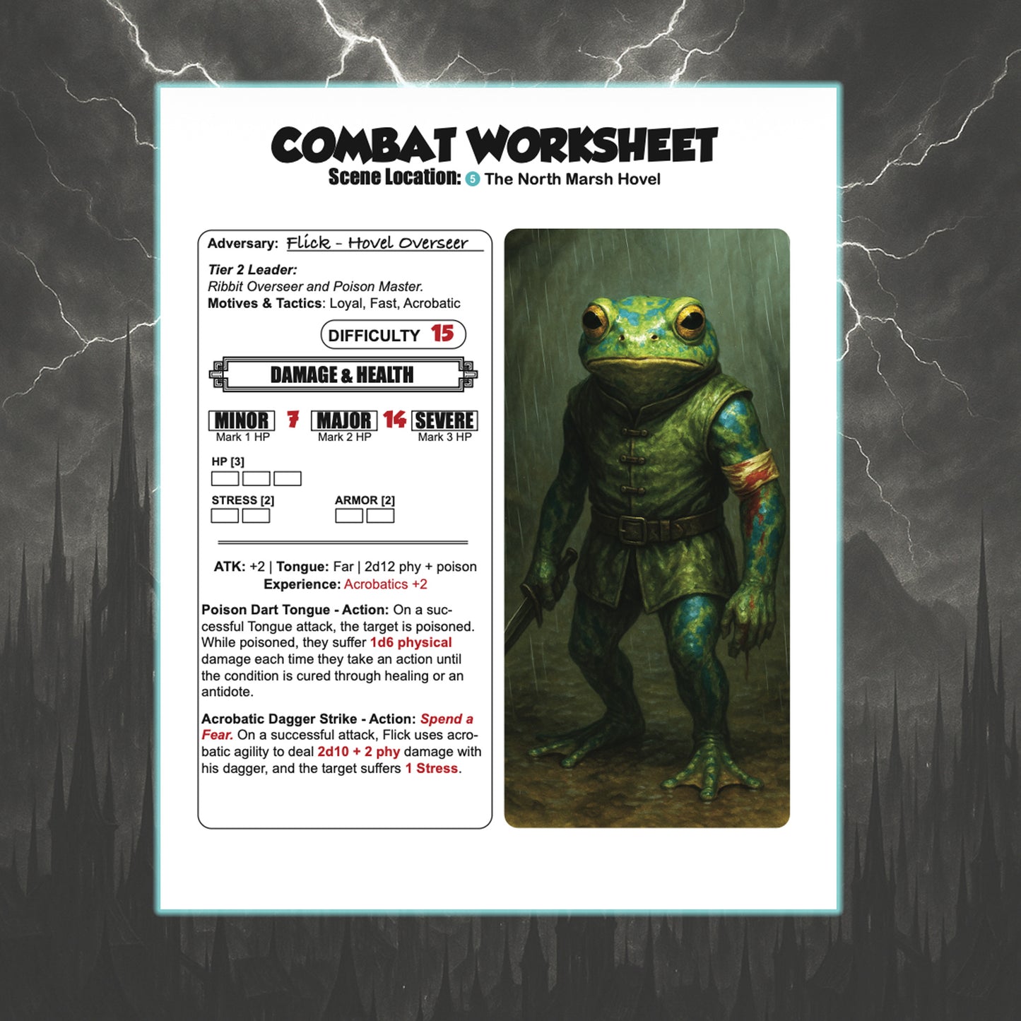 Stormspire: Faces of the Goddess – Combat Worksheet Preview for NPC: Flick