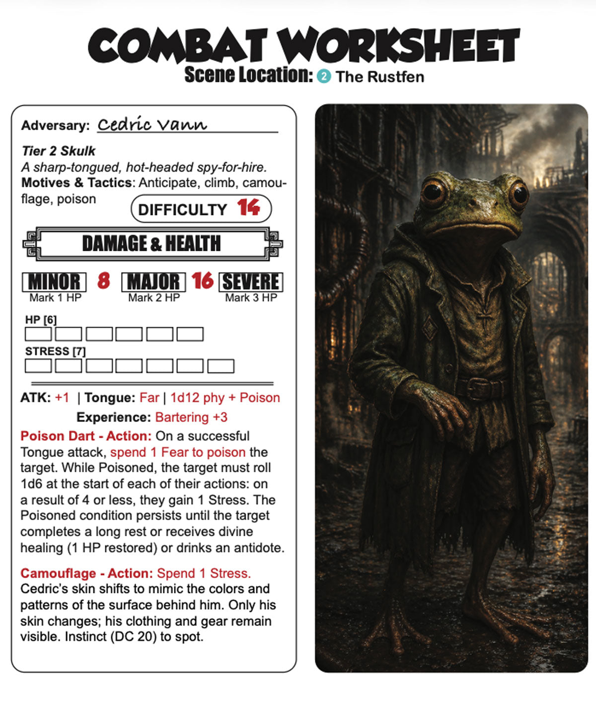 Adversary Combat Worksheet from Shadows of Cedric